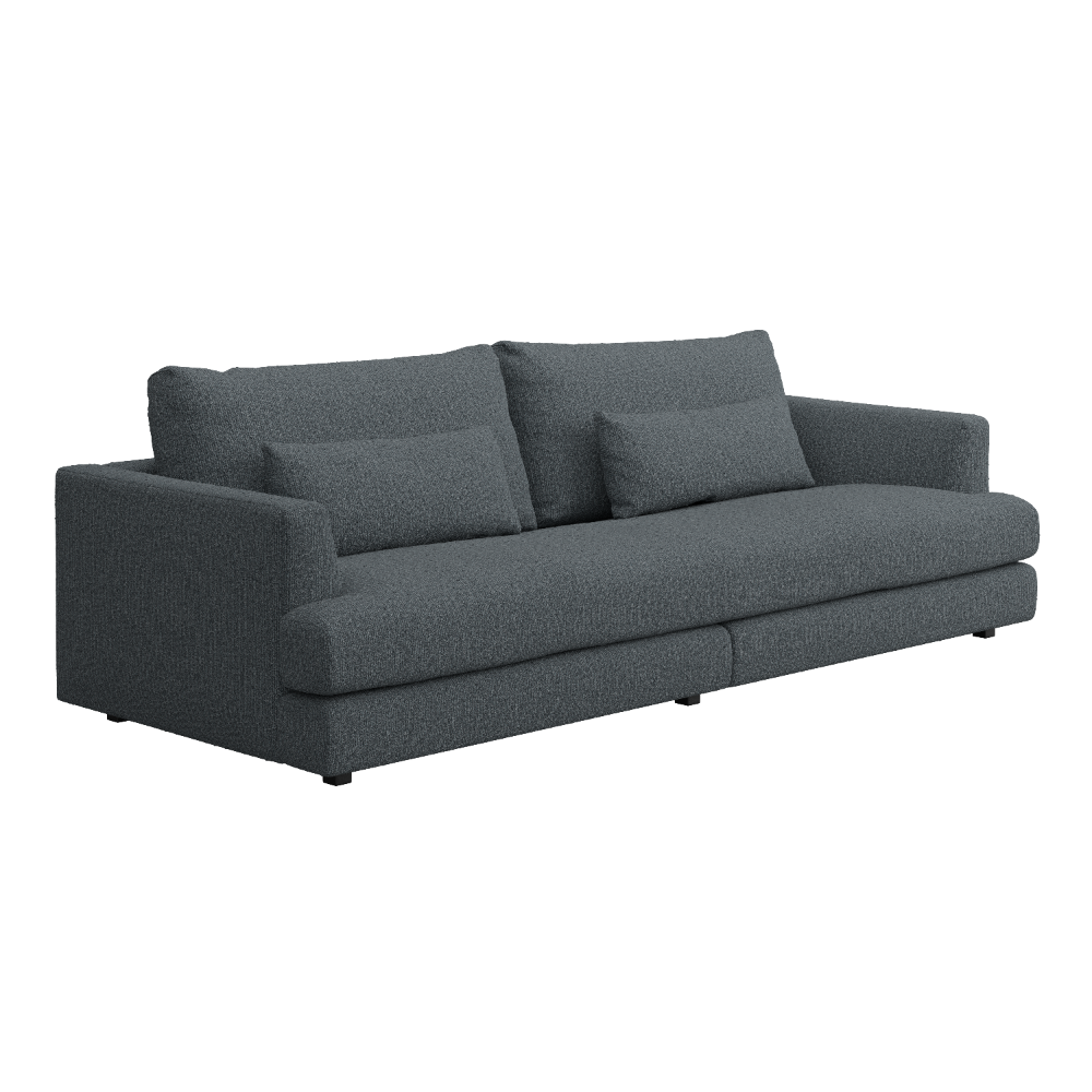 Blue/gray sofa with four cushions on a white background