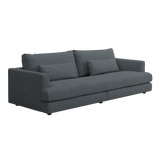 Blue/gray sofa with four cushions on a white background