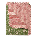 floral green throw with red and white stripe reverse