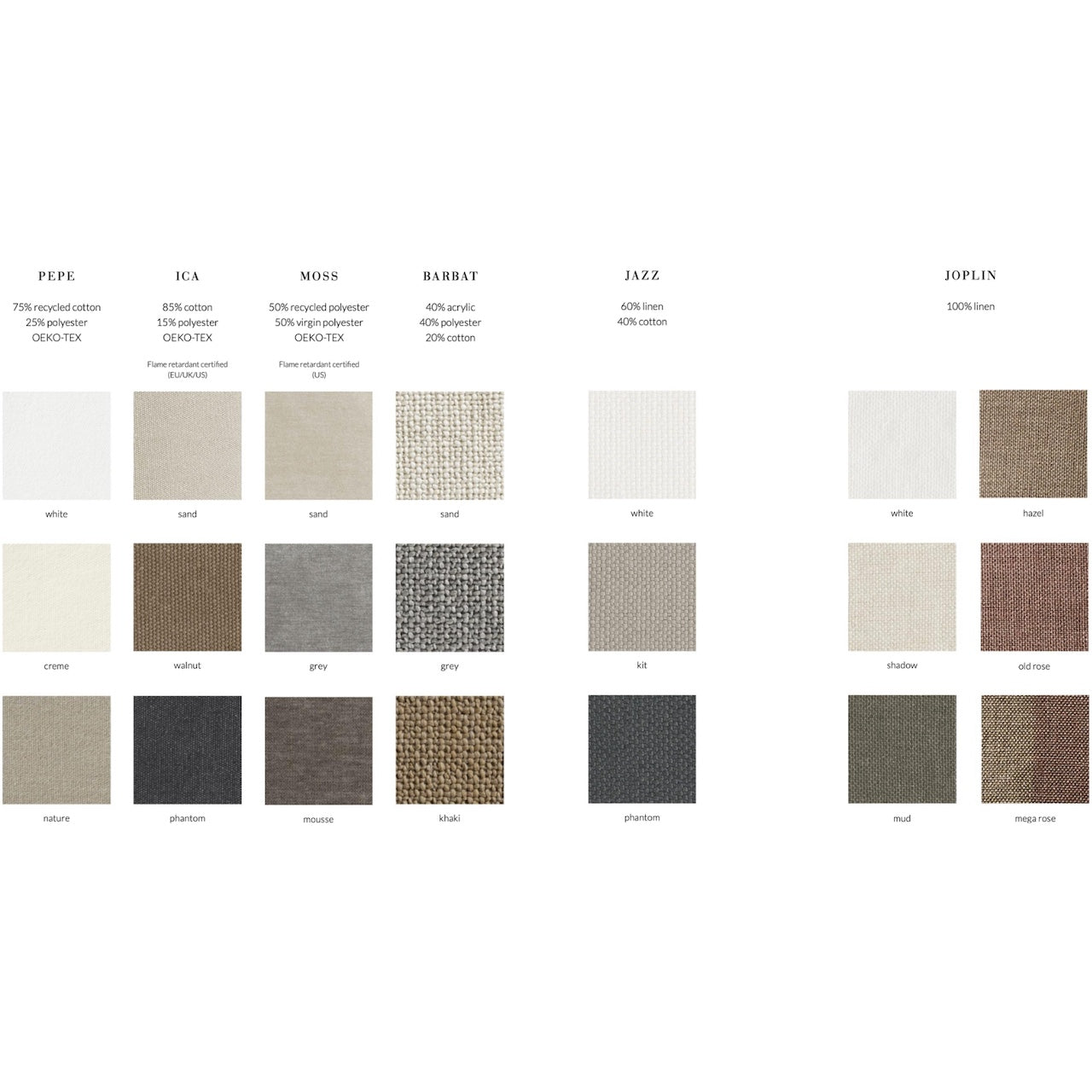 Textile color swatches with labels on a white background