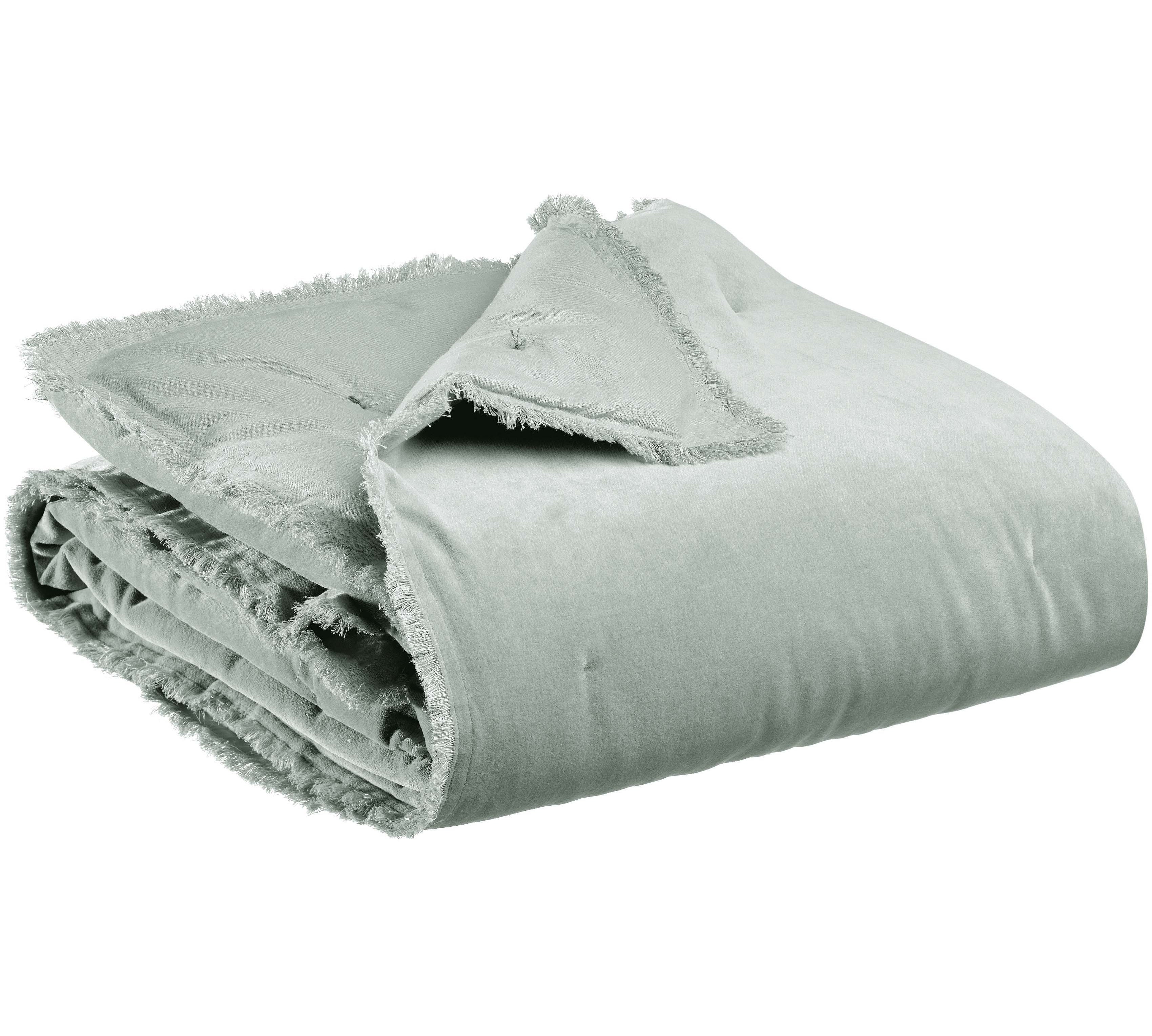 A folded light grey blanket with frayed edges, shown on a plain white background.