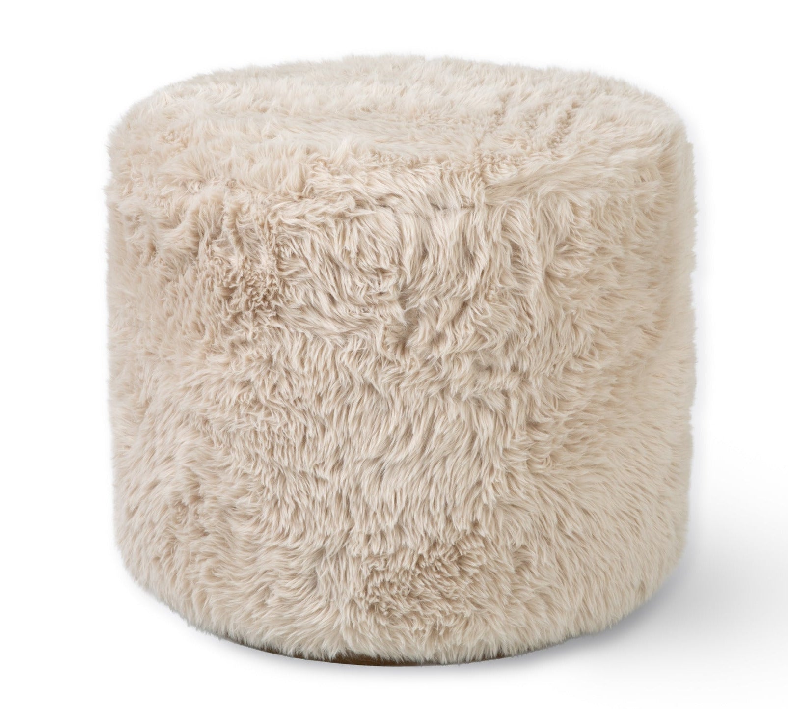 A cylindrical fluffy faux-fur pouf ottoman in a light beige color, shown on a clean white background.