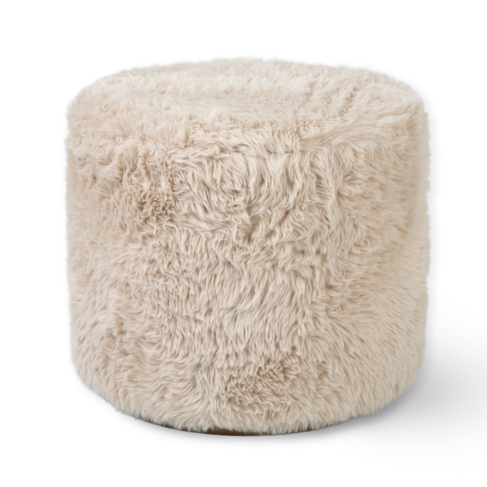 A cylindrical fluffy faux-fur pouf ottoman in a light beige color, shown on a clean white background.