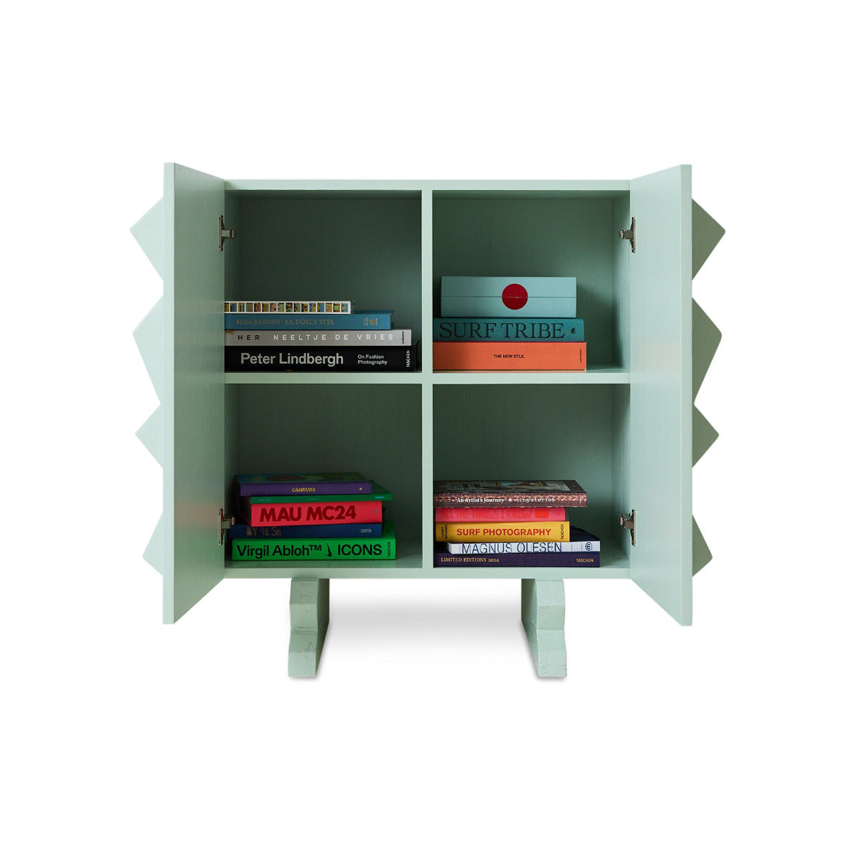 Green bookshelf with open doors displaying books on a white background