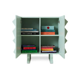Green bookshelf with open doors displaying books on a white background