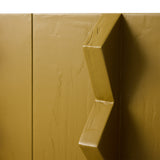 Close-up of an olive green door handle on a wooden door