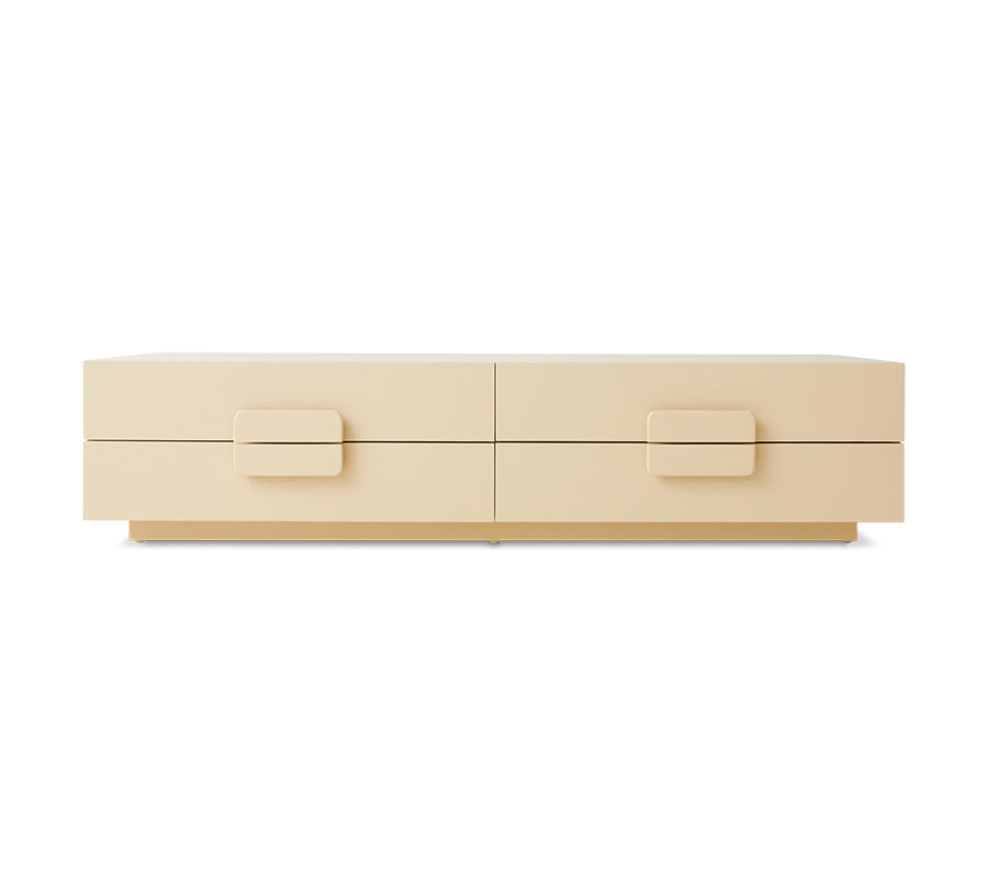 Wooden tv cabinet with four drawers on a white background