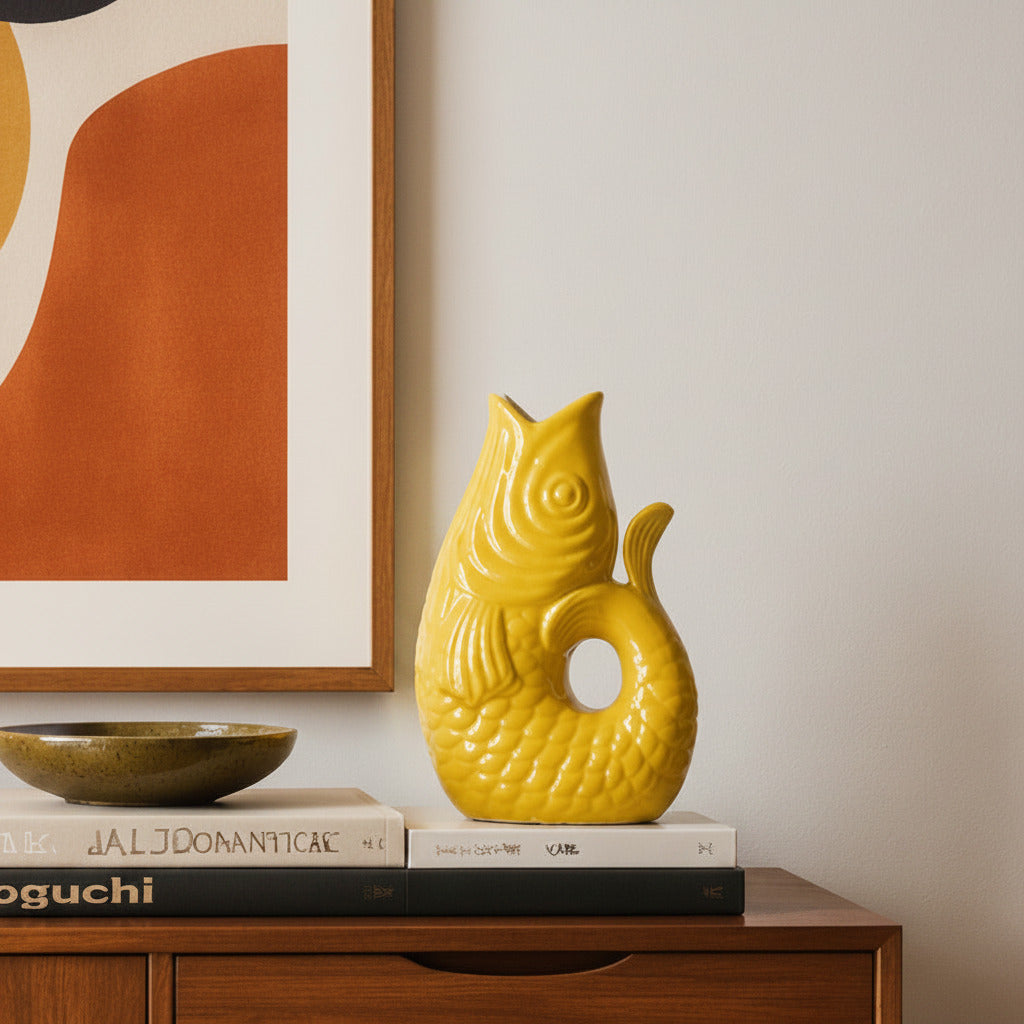 Yellow fish-shaped ceramic vase on books with a framed abstract painting in the background.