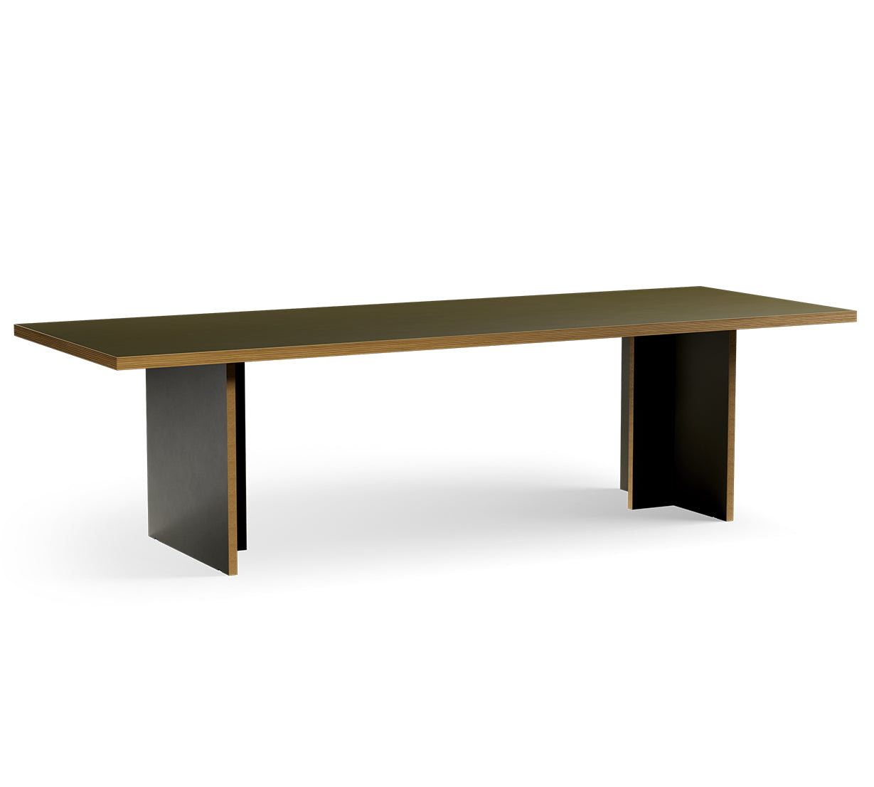 Long wooden table with DARK GREEN legs on a white background