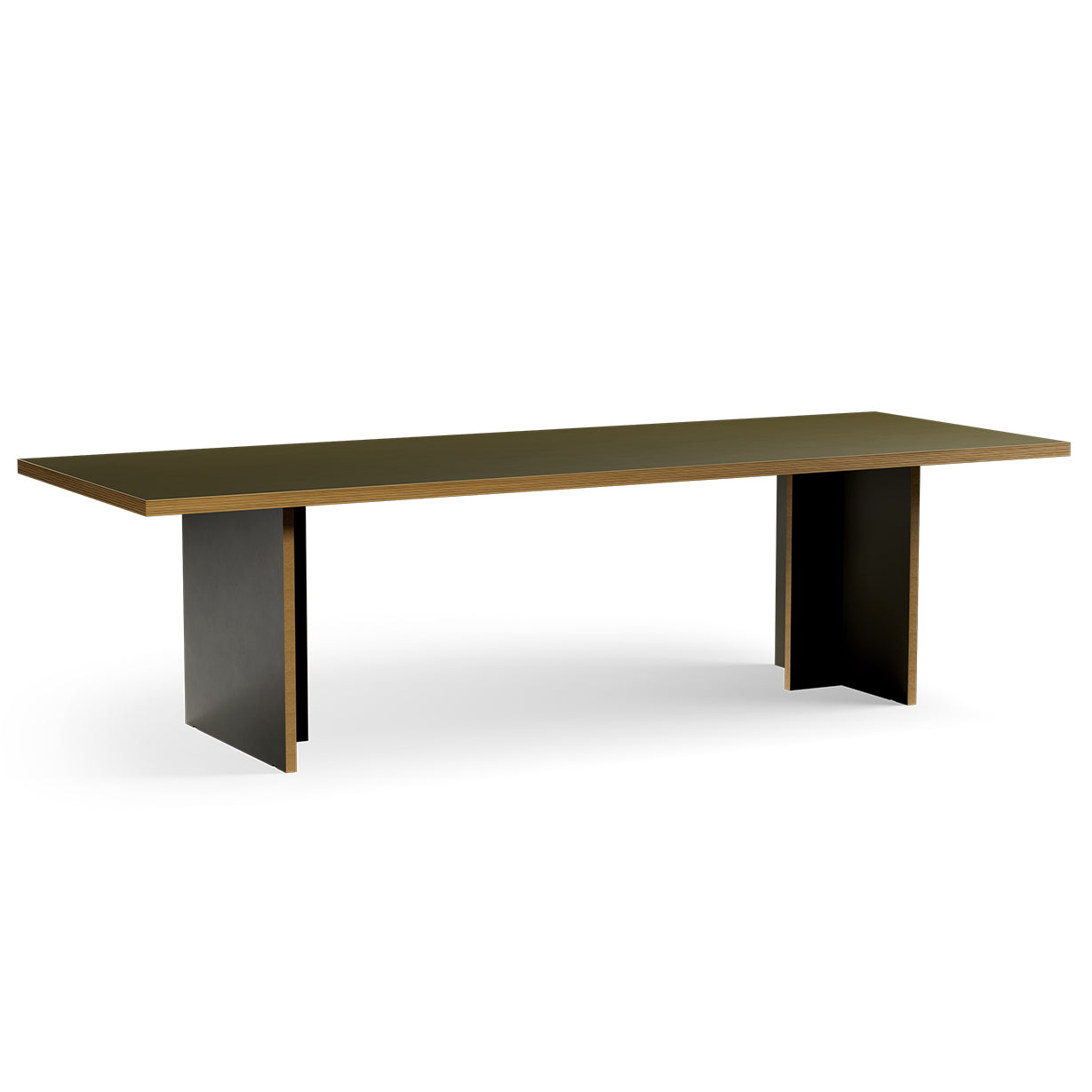 Long wooden table with DARK GREEN legs on a white background