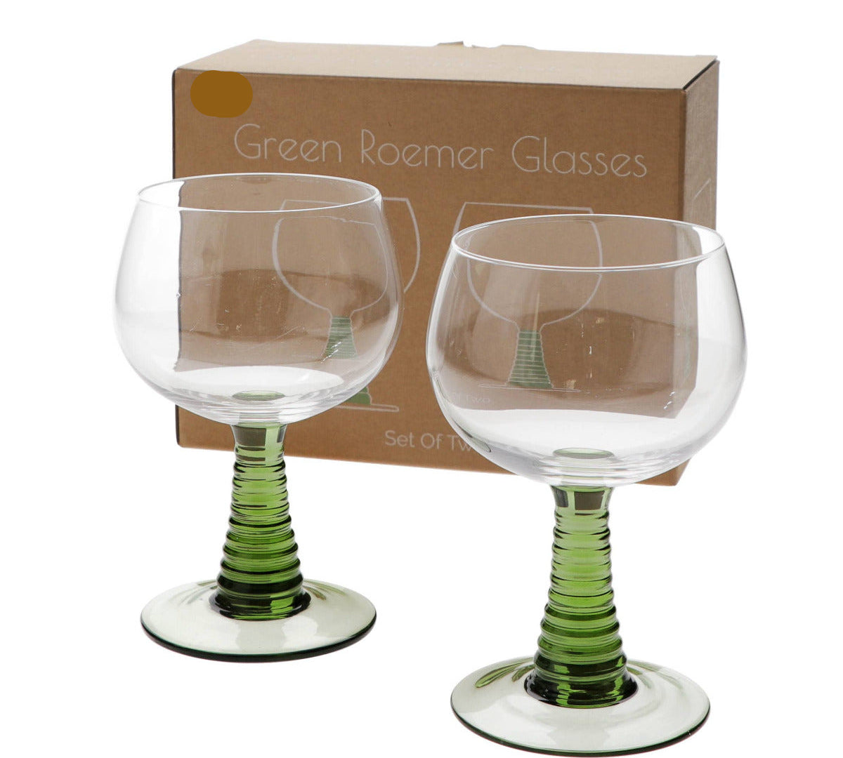 Two green-roemer glasses with a cardboard box labeled 'Green Roemer Glasses' on a white background.