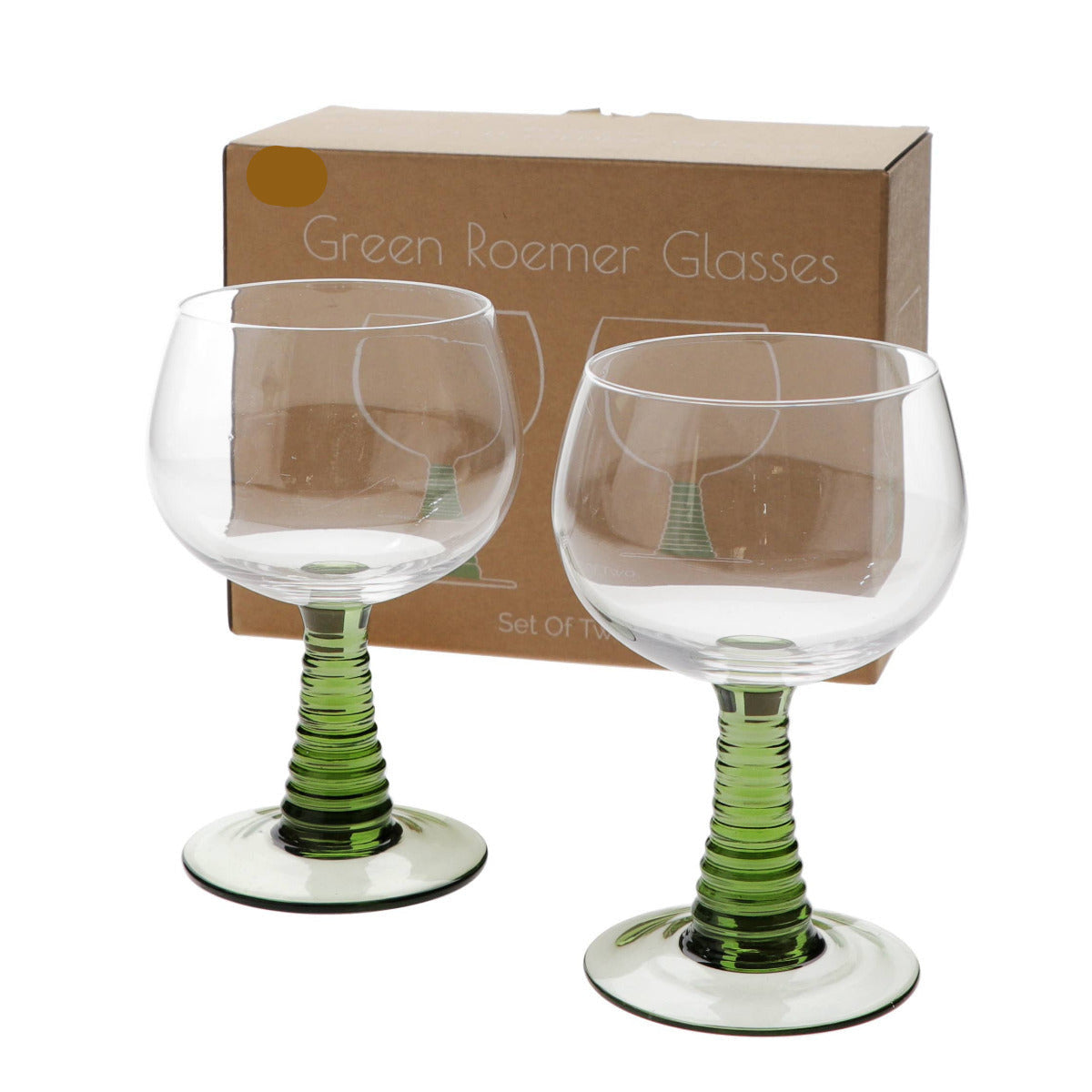 Two green-roemer glasses with a cardboard box labeled 'Green Roemer Glasses' on a white background.