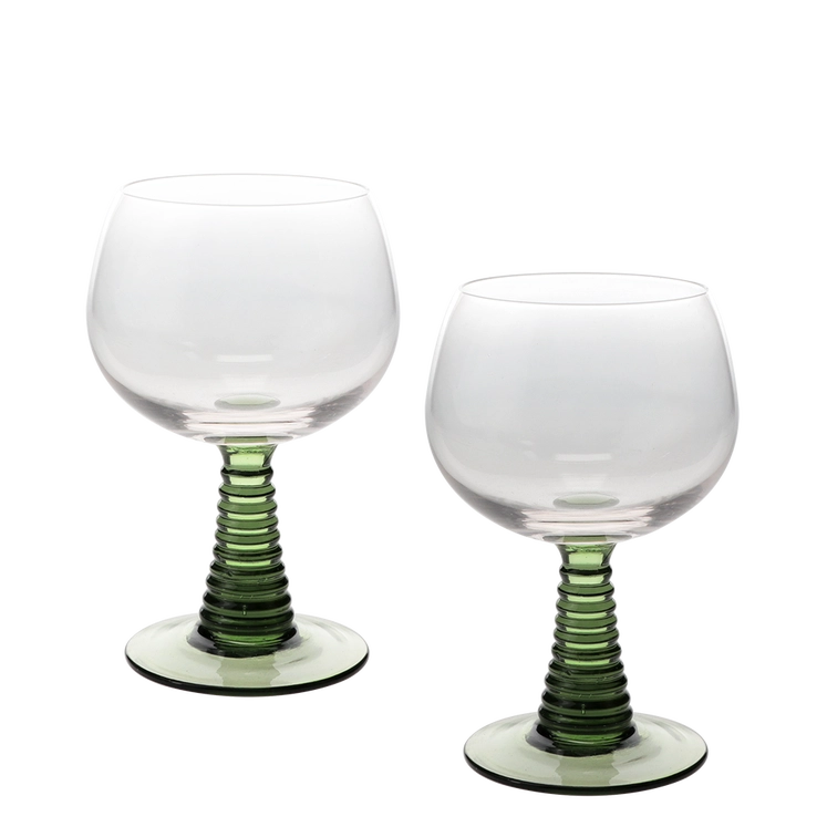 Two clear stemmed wine glasses with ribbed green stems and circular green bases, photographed on a clean white background.