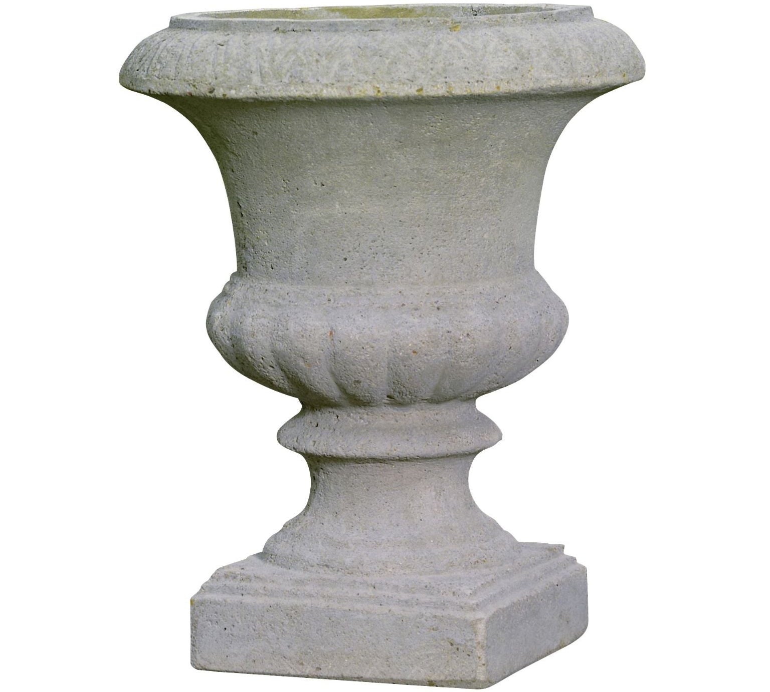 A light gray stone planter pot with a flared rim, ribbed body, and square pedestal base, shown against a plain white background.