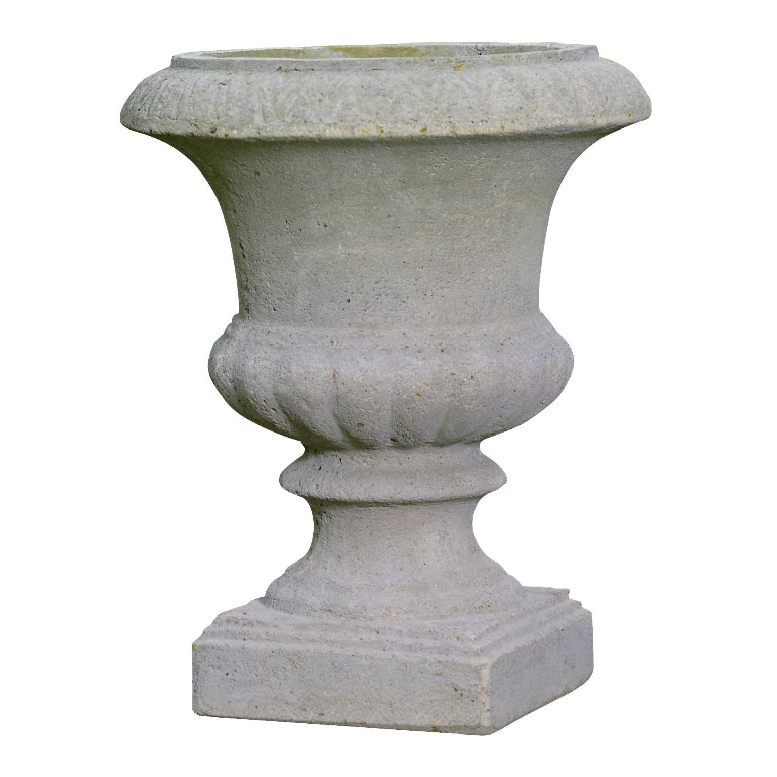 A light gray stone planter pot with a flared rim, ribbed body, and square pedestal base, shown against a plain white background.