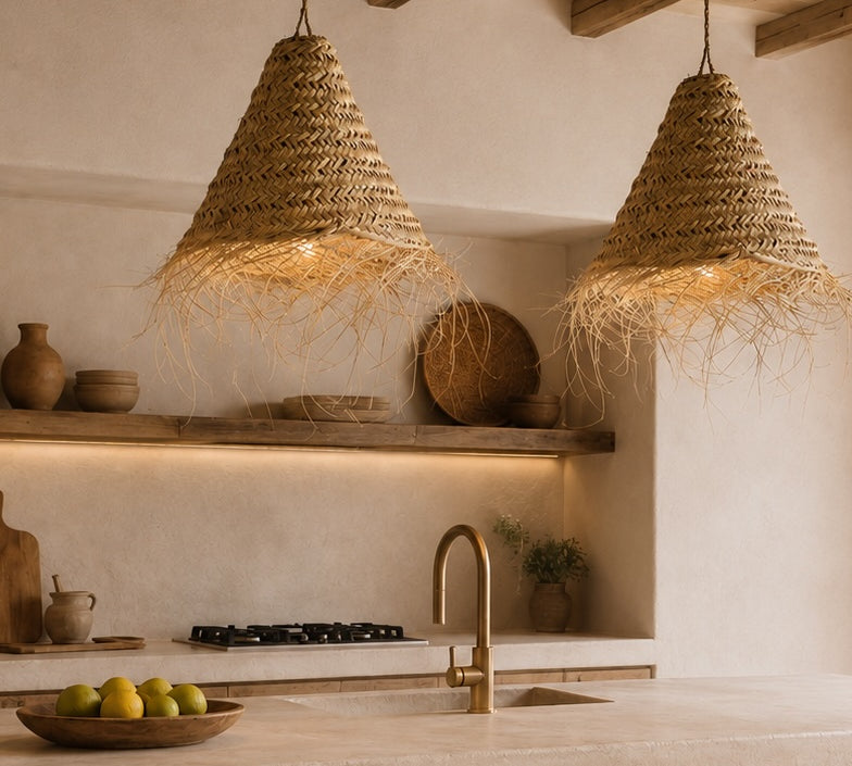 Kitchen with woven pendant lights, wooden shelves, and a modern faucet.