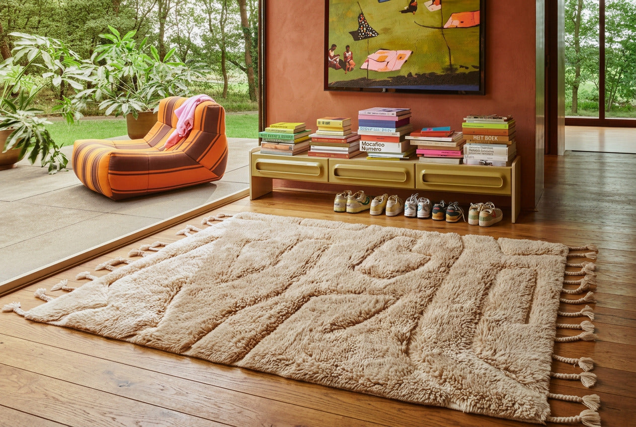 Living room with a large beige rug, colorful armchair, and bookshelf by HKLIVING