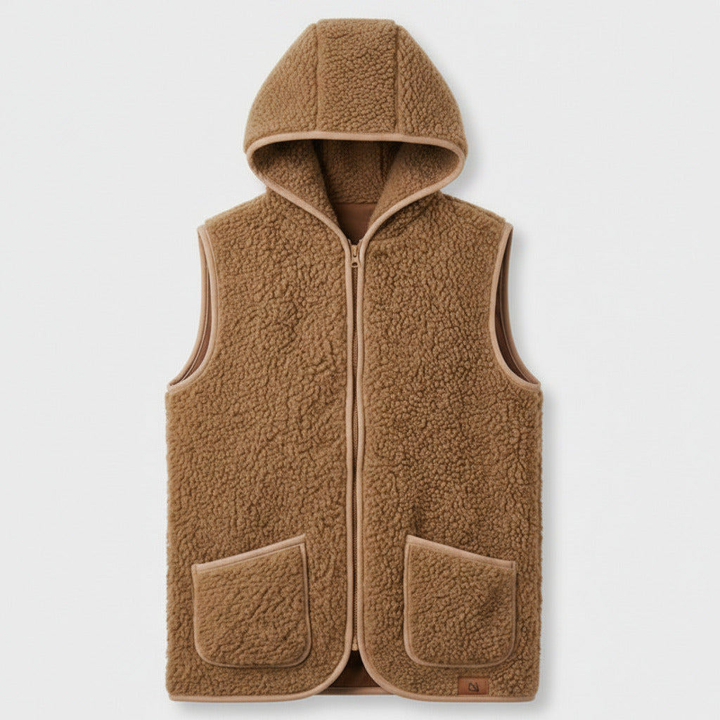 A brown sherpa fleece zip-up vest with a high collar and two front patch pockets, shown flat against a light gray background.