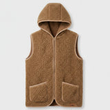 A brown sherpa fleece zip-up vest with a high collar and two front patch pockets, shown flat against a light gray background.