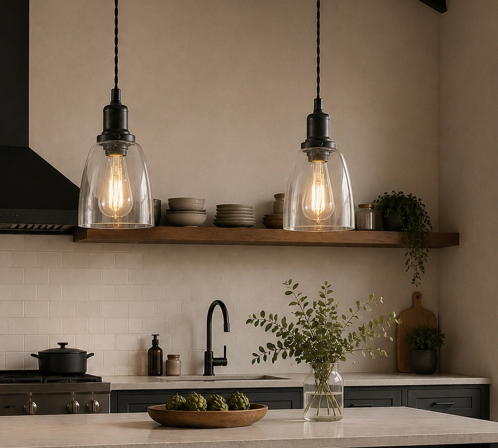 Modern kitchen with pendant lights, countertop, and shelves.