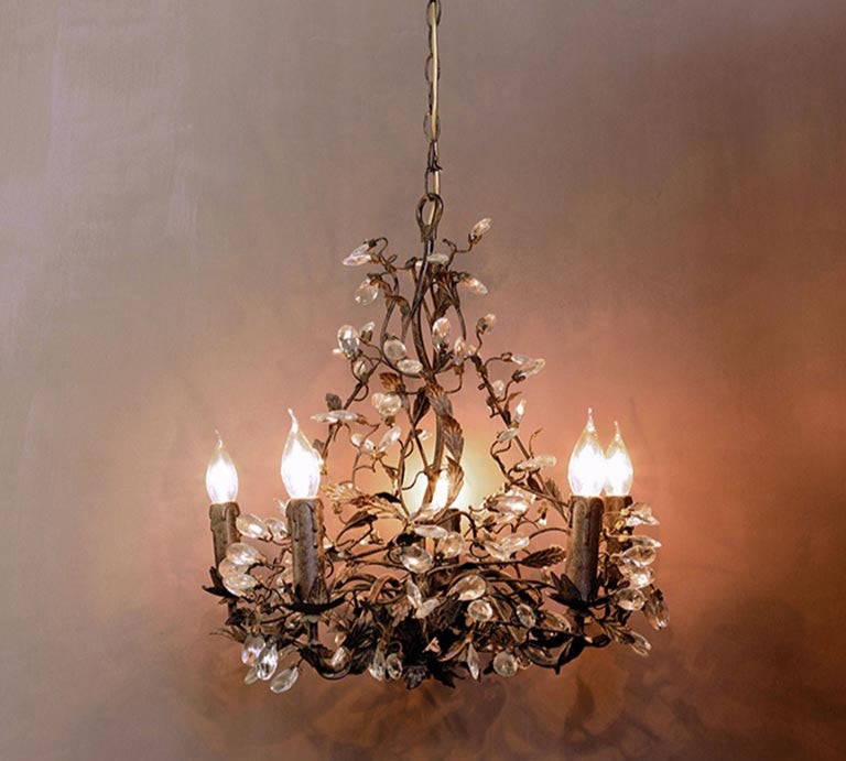 large bronze metal and crystal chandelier
