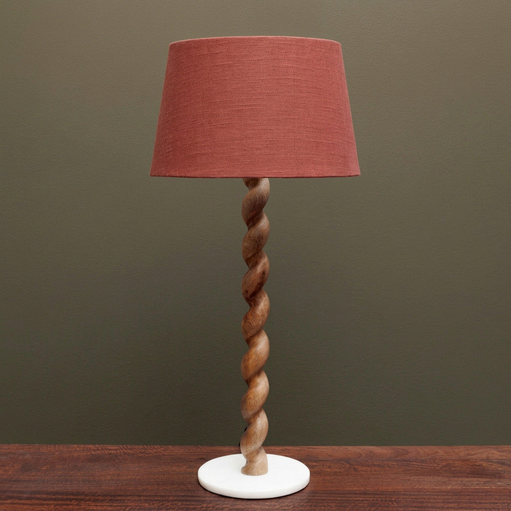 Carved Wooden Table Lamp Swirl with red shade