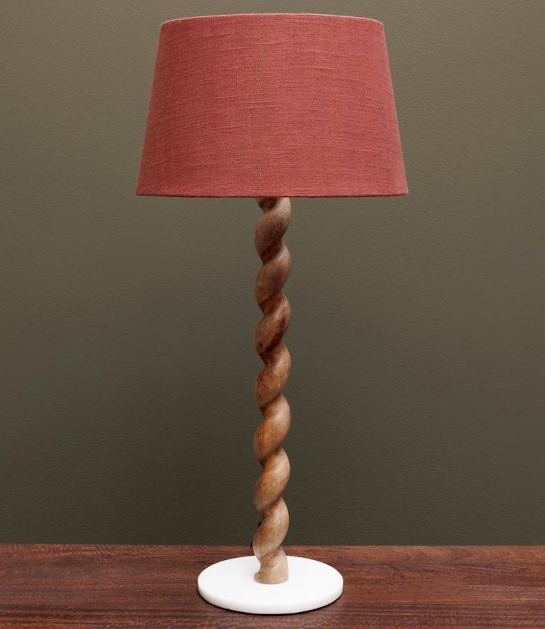 Carved Wooden Table Lamp Swirl with red shade