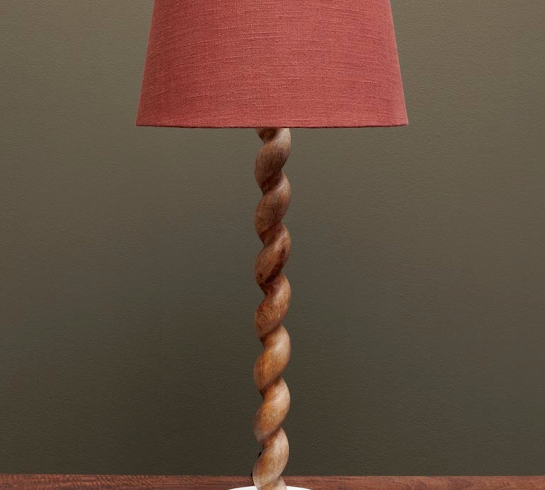 Carved Wooden Table Lamp Swirl with red shade