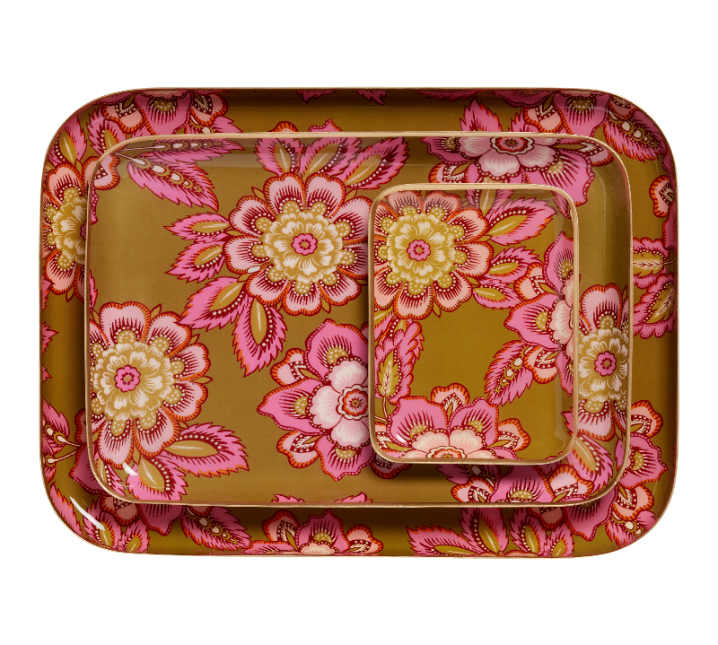 Set of floral-patterned trays on a white background