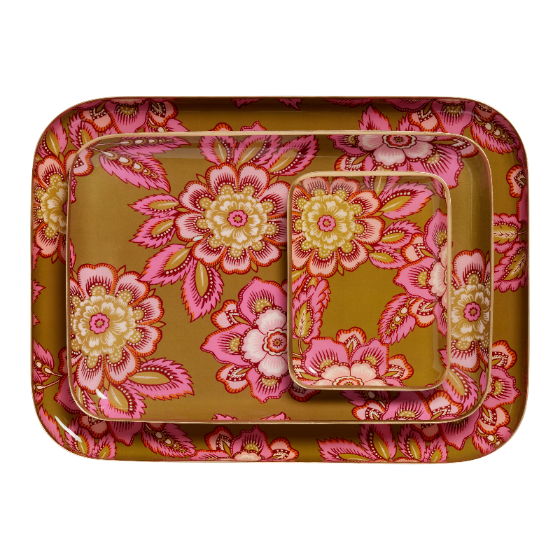 Set of floral-patterned trays on a white background