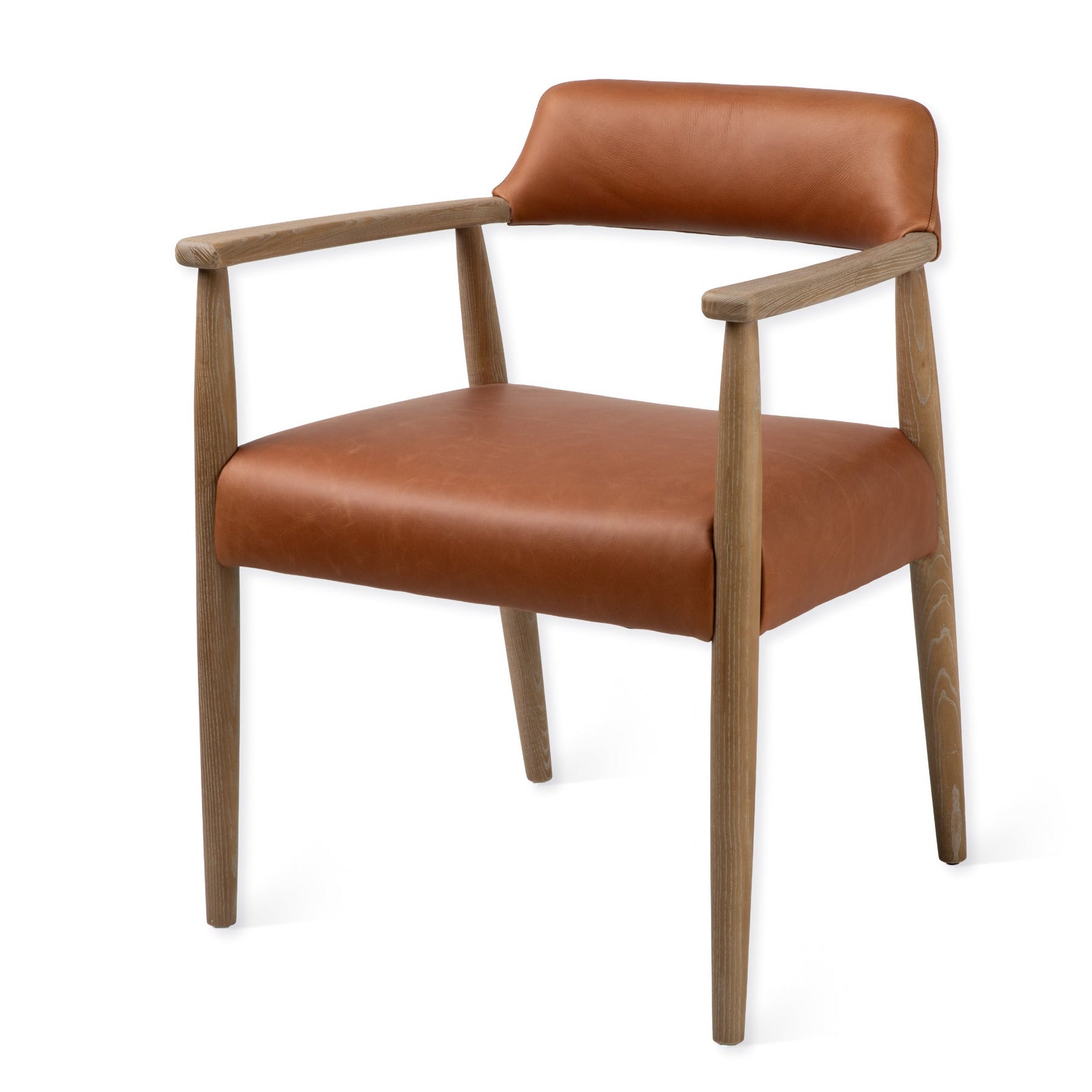 A modern armchair with a warm brown leather seat and backrest, supported by a light brown wooden frame with tapered legs, shown against a plain white background.
