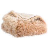 A folded faux fur throw blanket in a light tan color, showing its soft, shaggy texture and a solid beige reverse side, set against a plain white background.