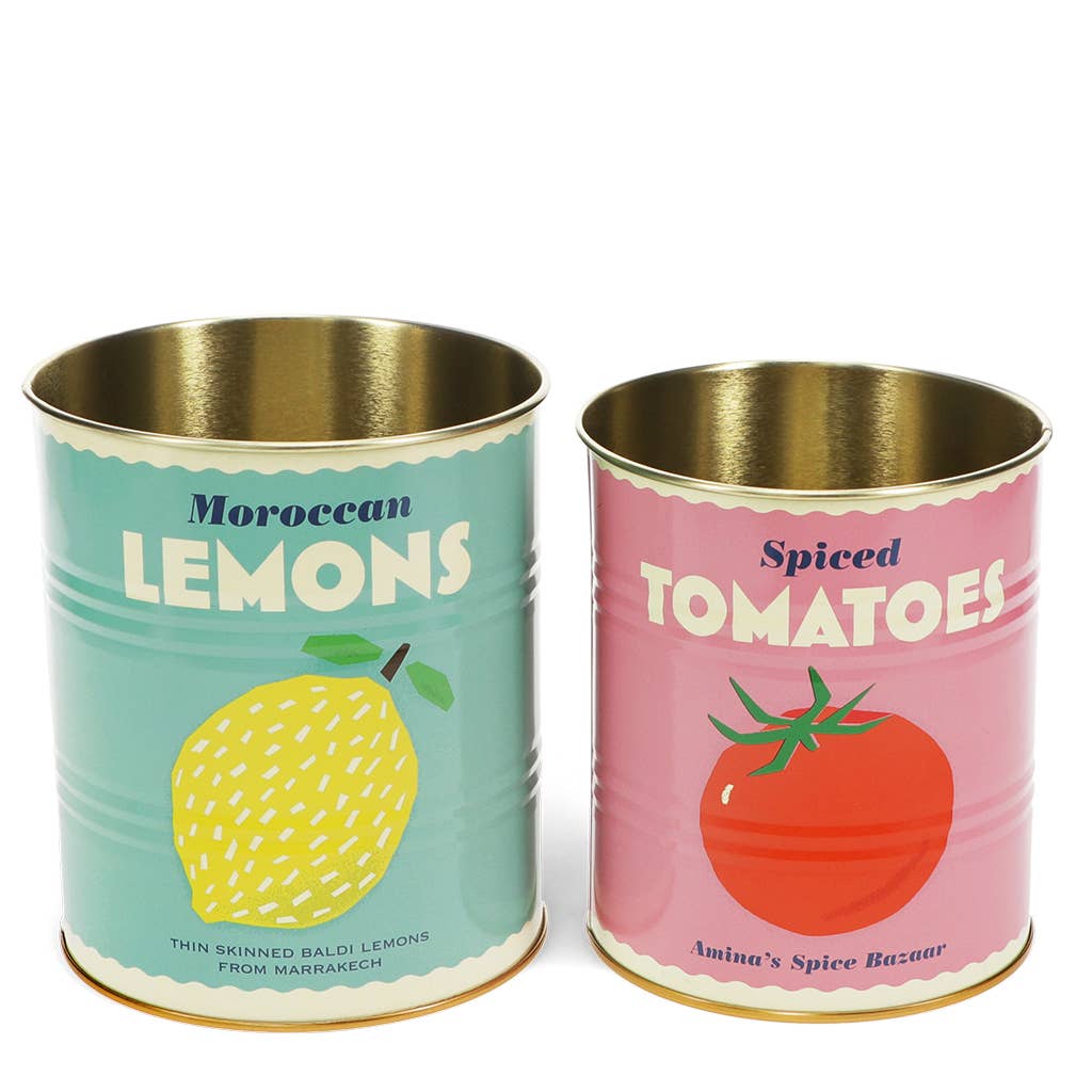 Can of  storage tins with spiced tomatoes with a pink label on a white background