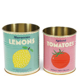 Can of  storage tins with spiced tomatoes with a pink label on a white background