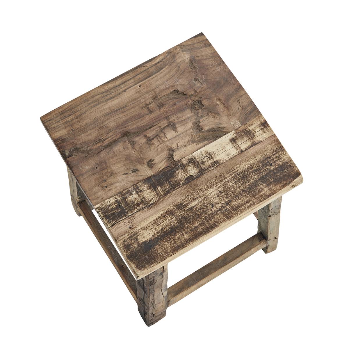 A rustic wooden stool with a square top made from weathered brown planks, featuring a matching wooden footrest and legs, shown from an elevated angle on a white background.
