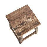 A rustic wooden stool with a square top made from weathered brown planks, featuring a matching wooden footrest and legs, shown from an elevated angle on a white background.