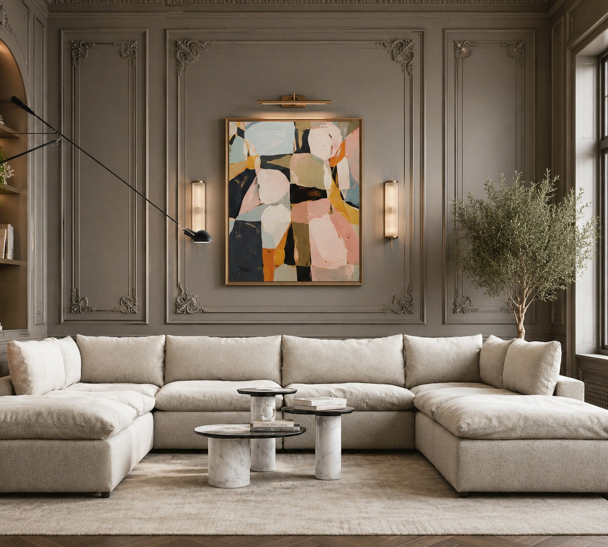 Modern living room with a sectional sofa, abstract painting, and decorative elements.