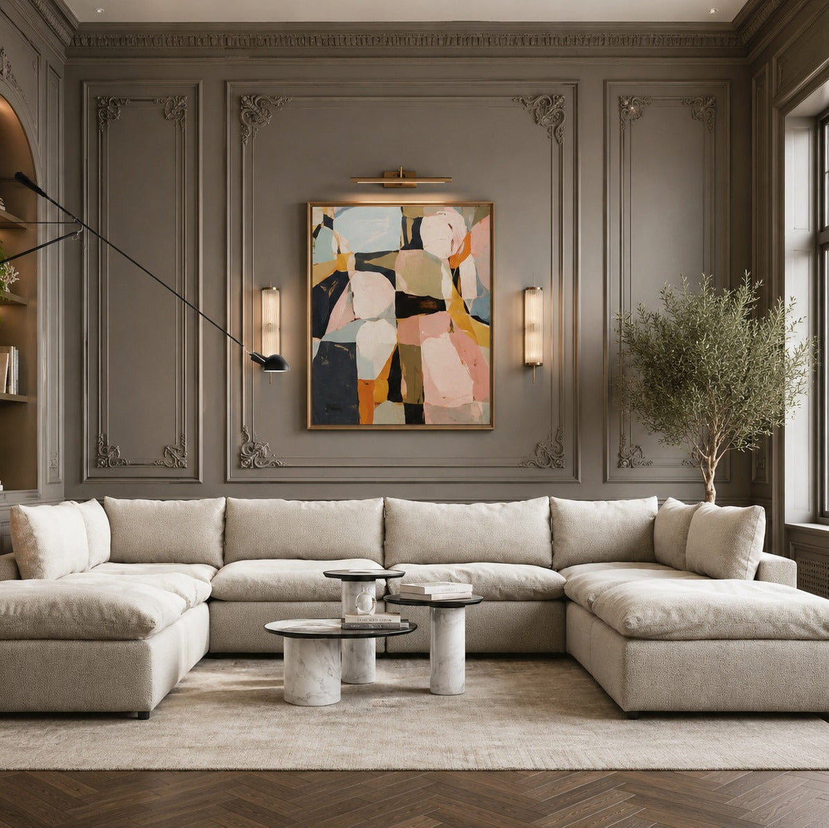 Modern living room with a sectional sofa, abstract painting, and decorative elements.