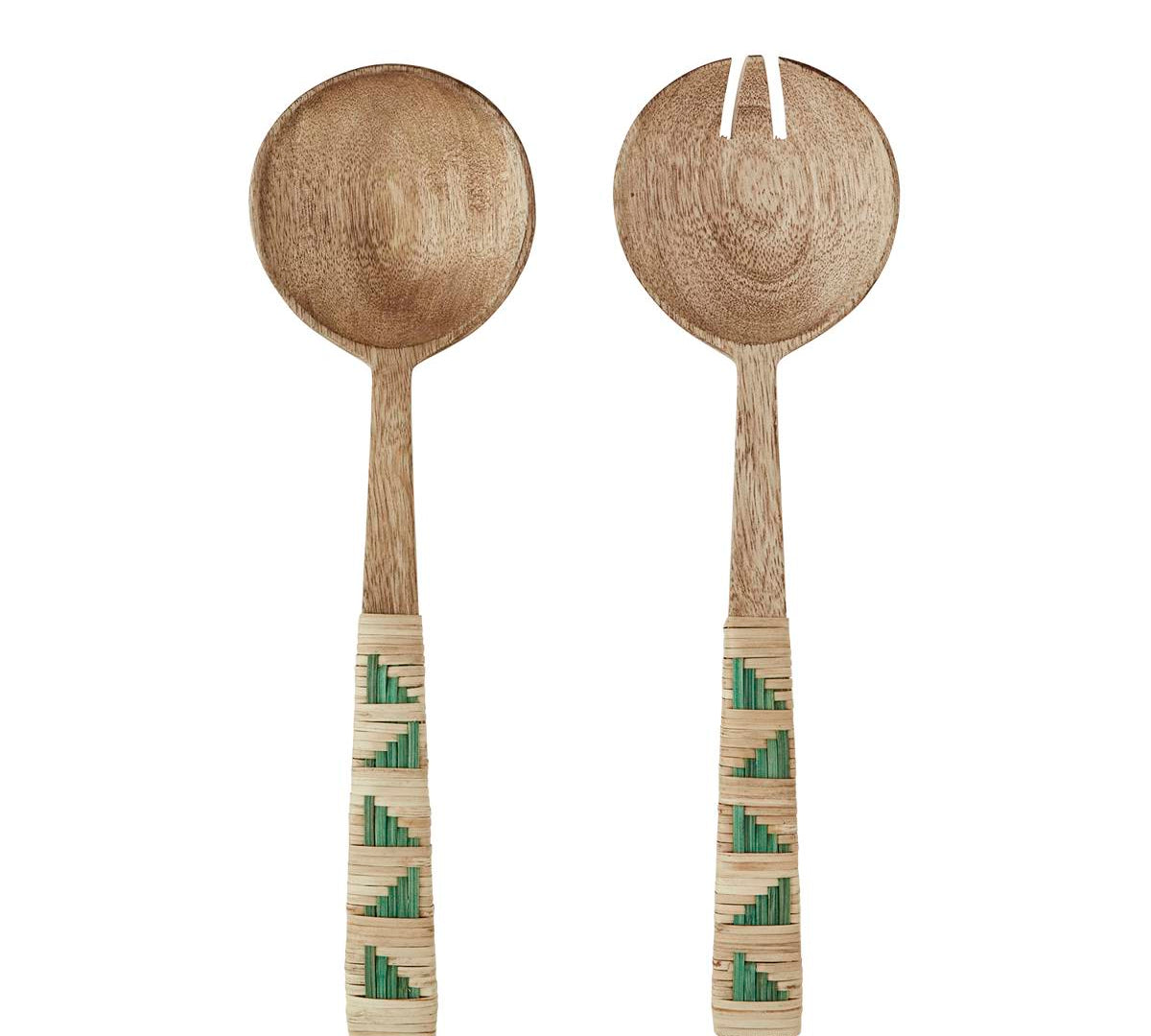 Wooden salad servers with decorative handles on a white background