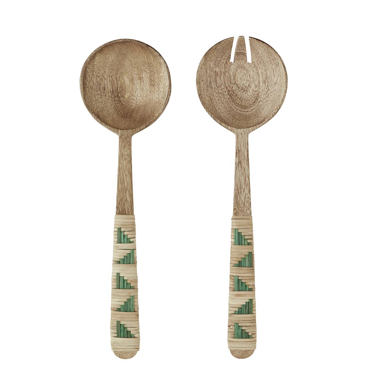 Wooden salad servers with decorative handles on a white background