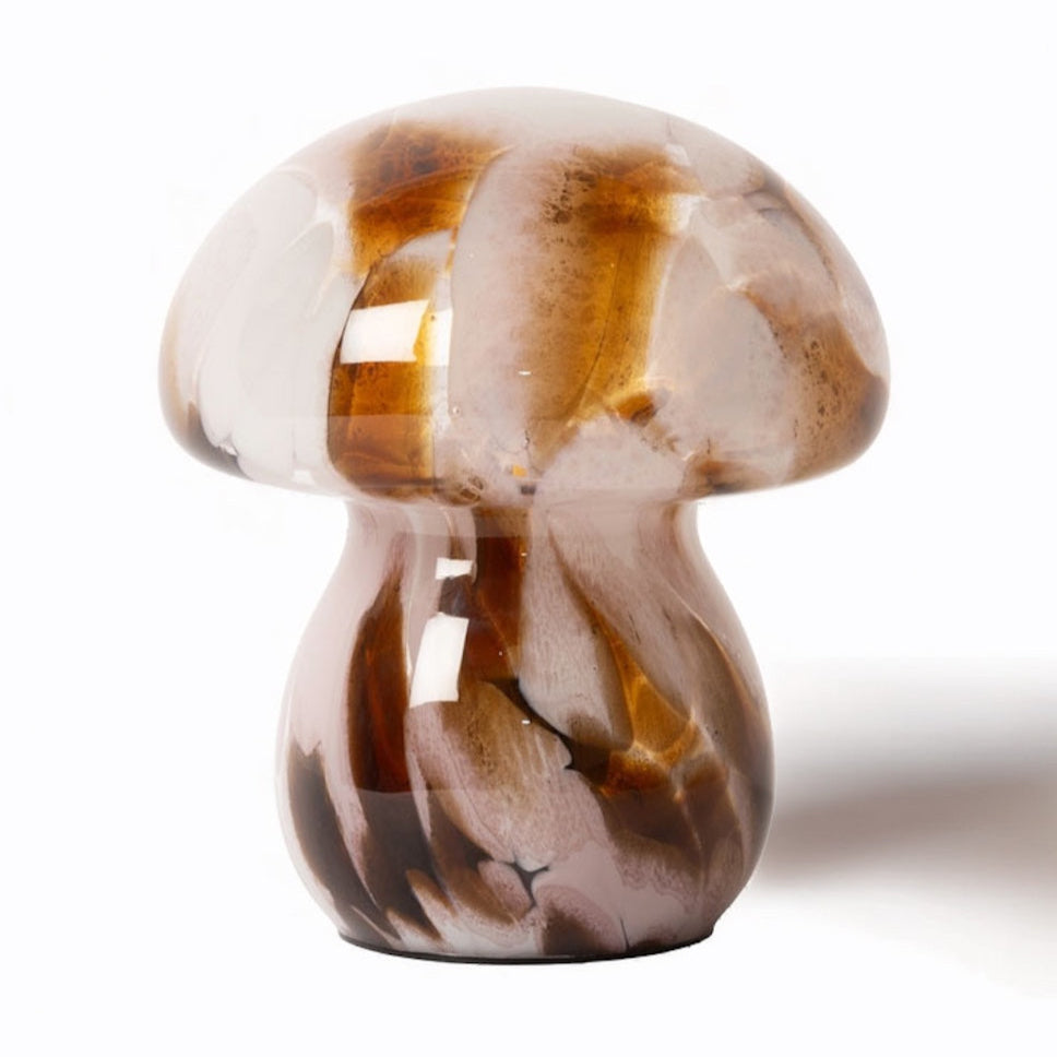 Mushroom-shaped glass lamp with brown and clear patterns on a white background