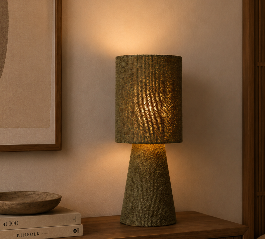 A textured table lamp with a woven drum shade and tapered base in a warm olive-green tone, glowing with a soft yellow light on a wooden nightstand in a cozy bedroom setting.