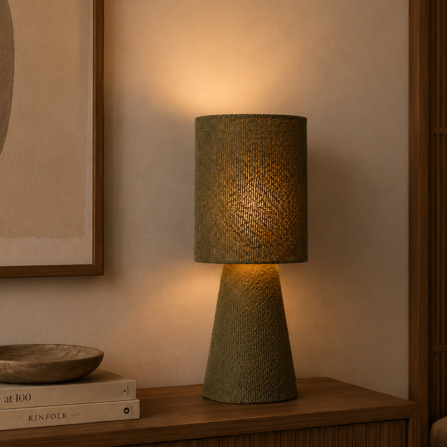 A textured table lamp with a woven drum shade and tapered base in a warm olive-green tone, glowing with a soft yellow light on a wooden nightstand in a cozy bedroom setting.
