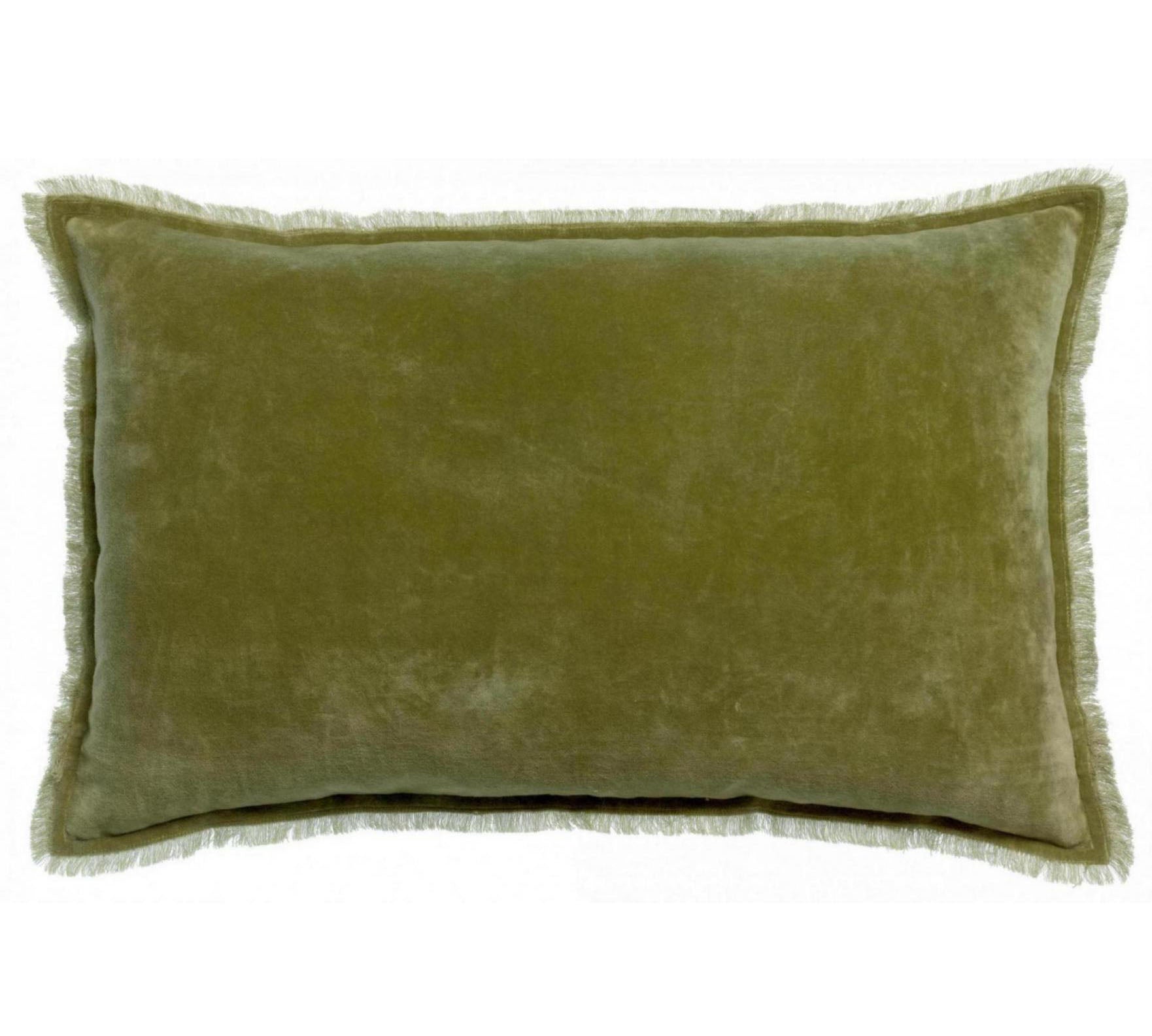 Olive Green Velvet Cushion with Fringe - Rectangle