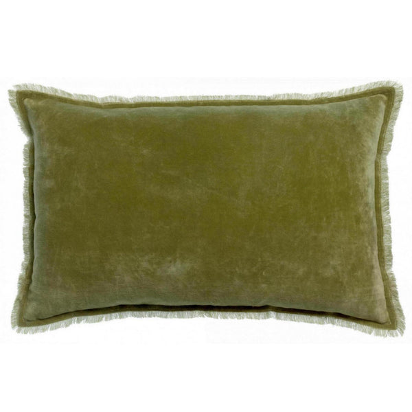Olive Green Velvet Cushion with Fringe - Rectangle