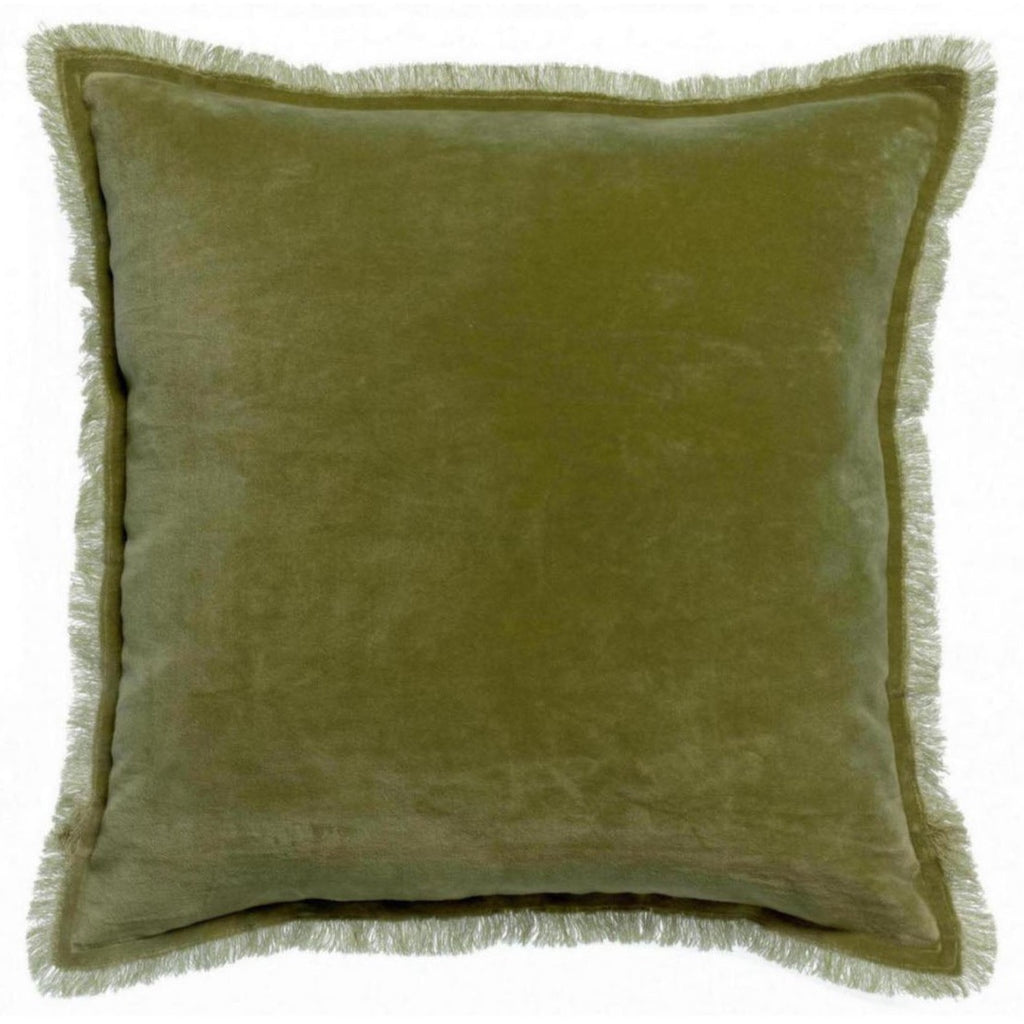 Olive green velvet cushion with fringed edge 
