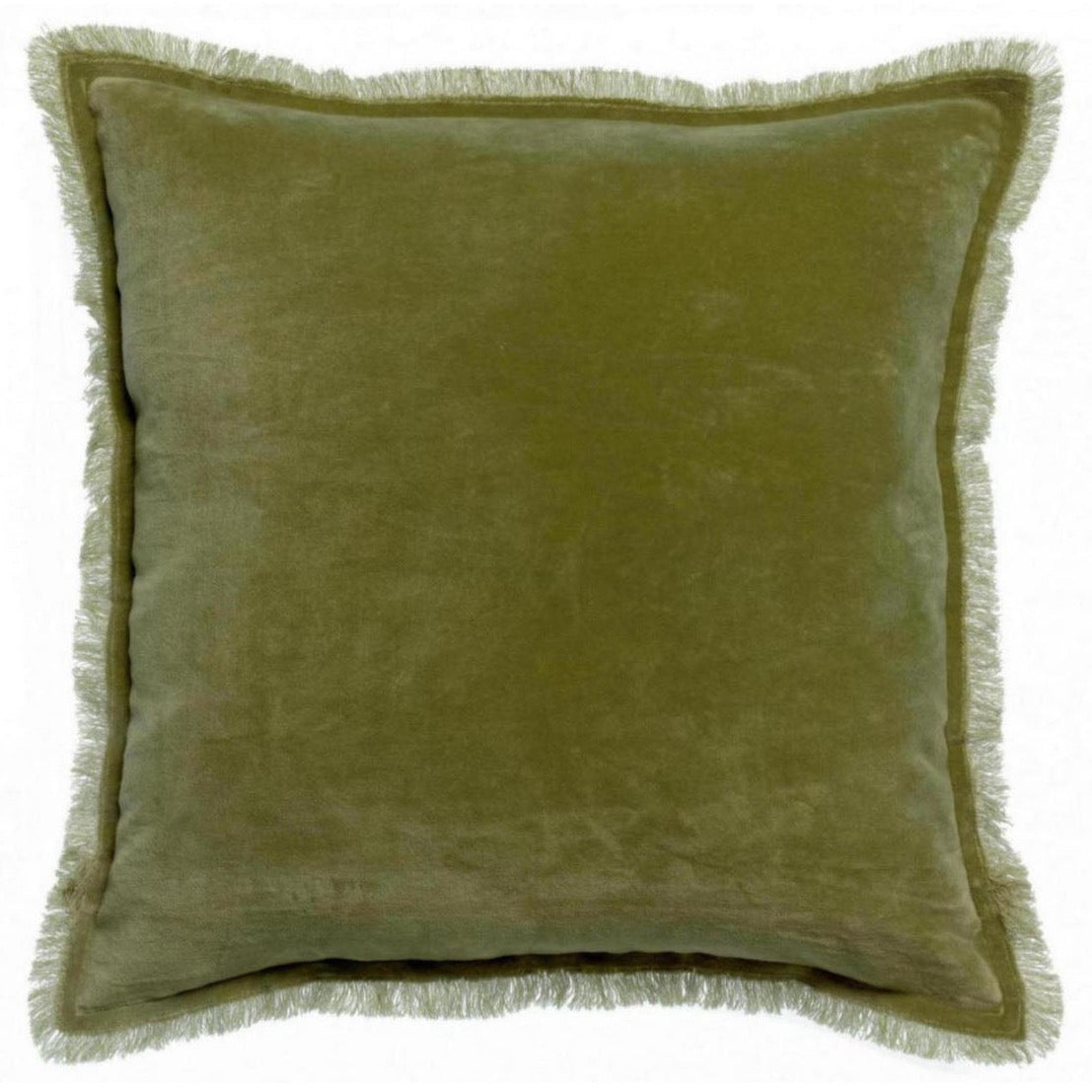 Olive Green Velvet Cushion with Fringe