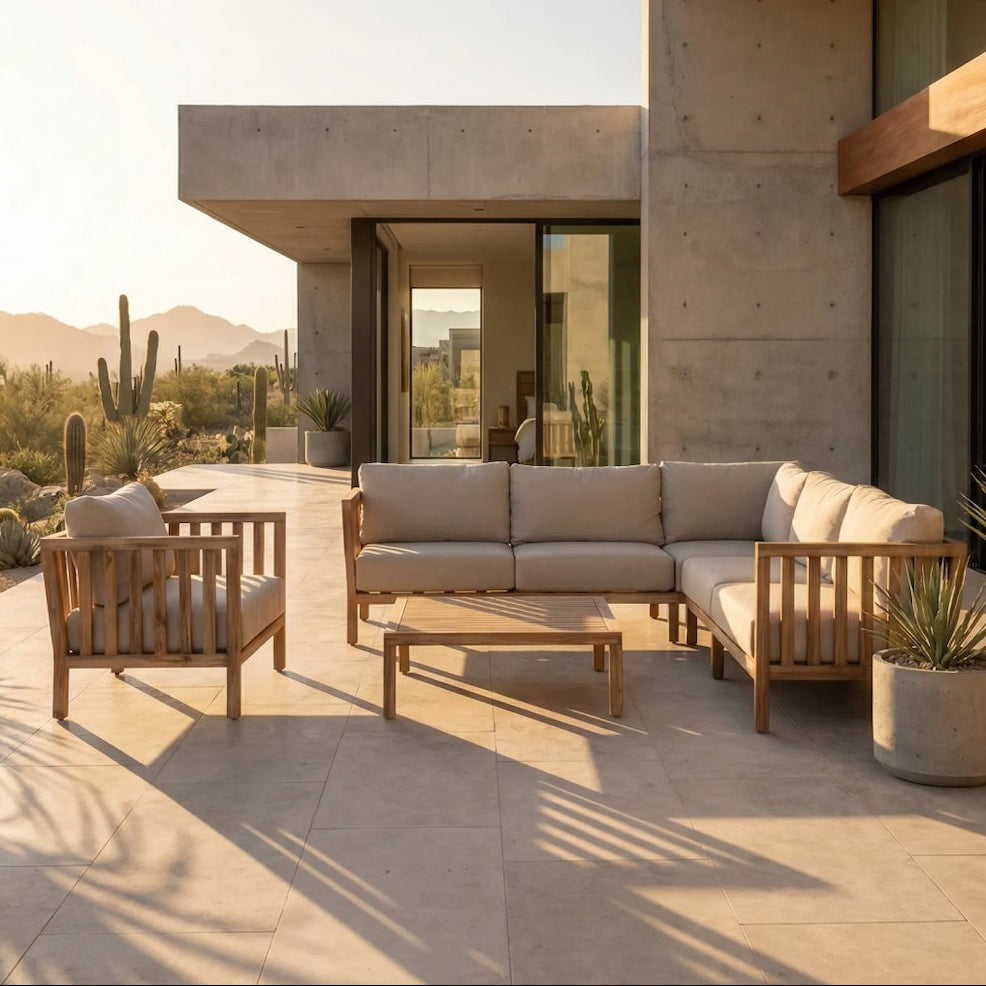 Outdoor patio with beige corner sofa, wooden chairs, and coffee table