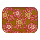 A rectangular tray with rounded corners featuring a vibrant floral pattern on a mustard brown background. The design showcases large pink and magenta flowers with yellow and cream centers, surrounded by pink leaves.