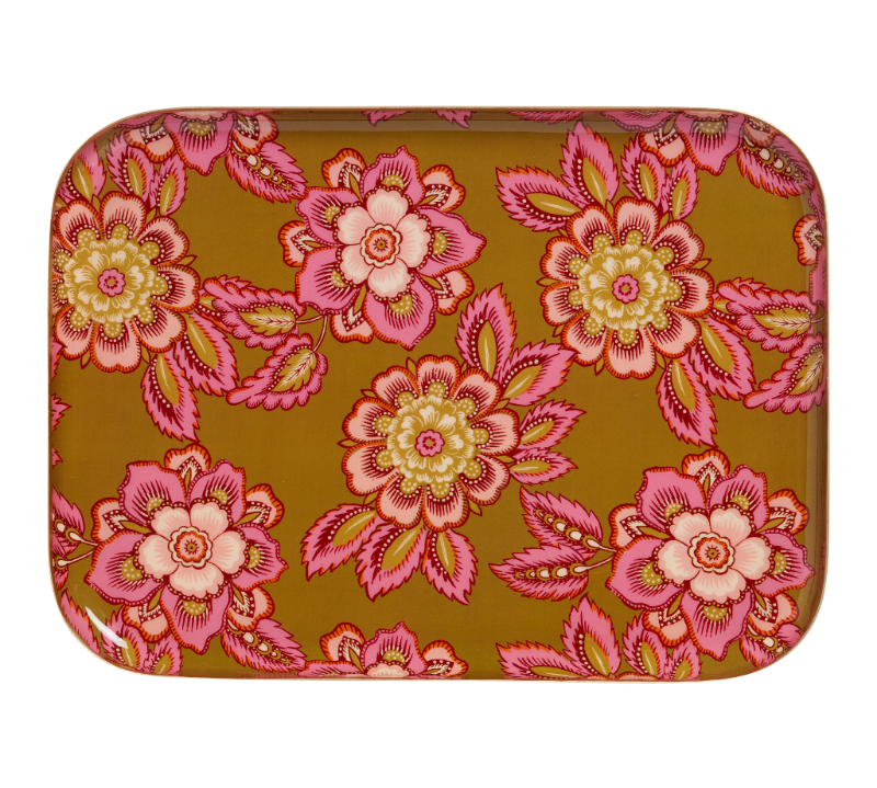 A rectangular tray with rounded corners featuring a vibrant floral pattern on a mustard brown background. The design showcases large pink and magenta flowers with yellow and cream centers, surrounded by pink leaves.